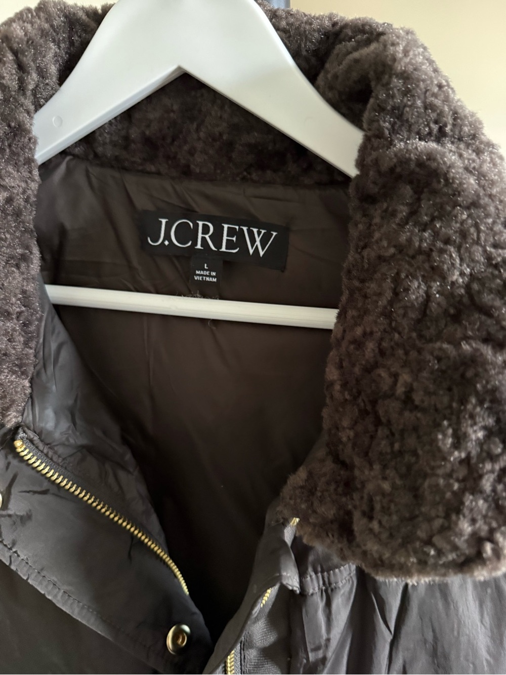 J Crew Mossy Brown Puffer Vest with Prima Loft